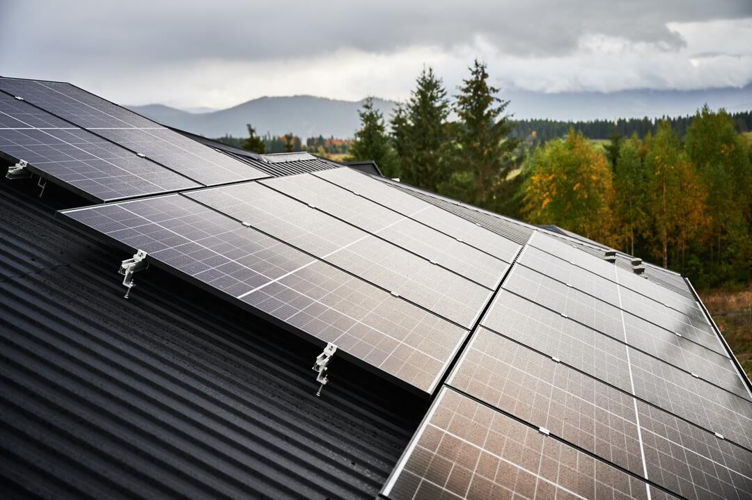 Eine Photovoltaik-Anlage auf einem Dach, im Hintergrund Natur.